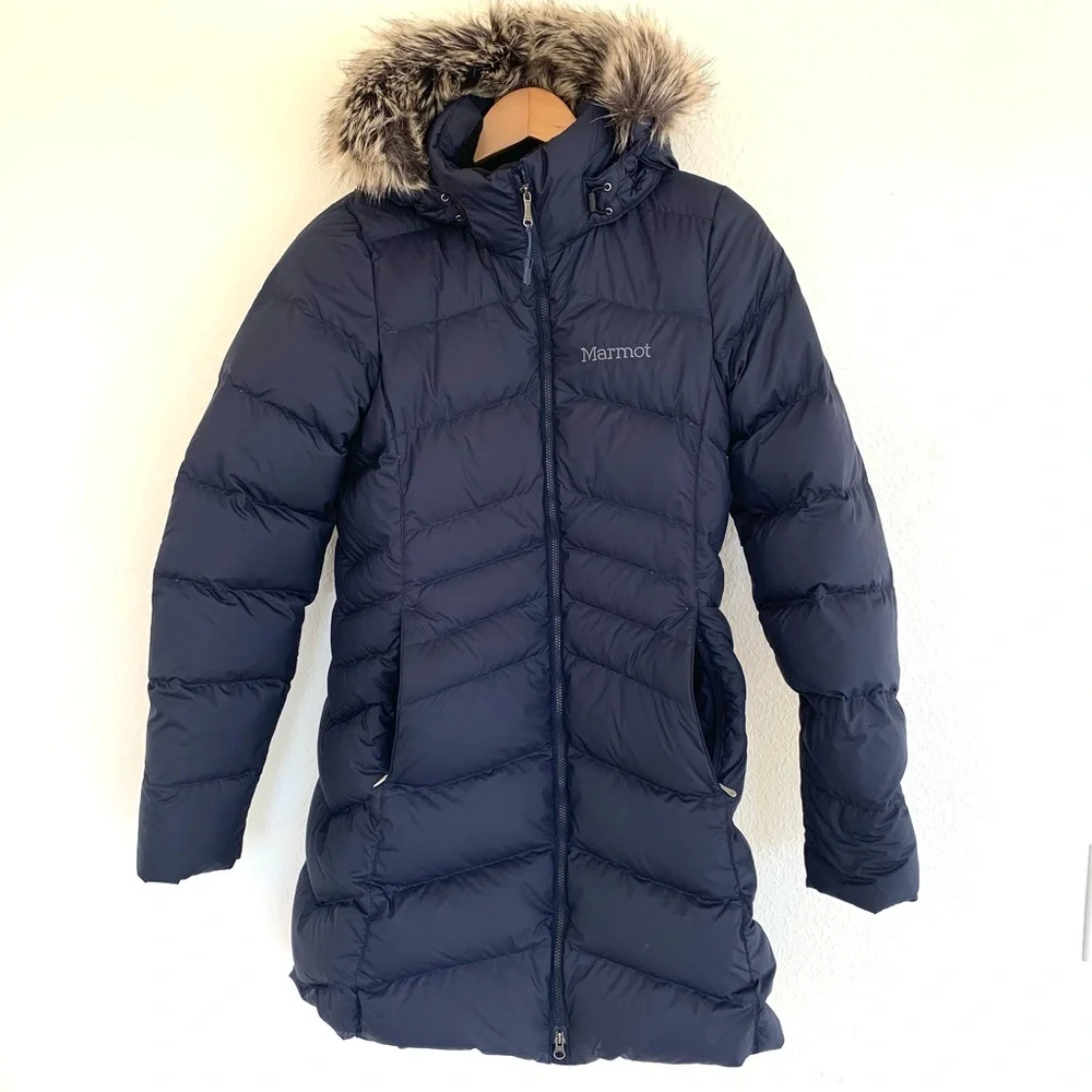 Marmot Women's Montreal Blue Down Puffer Coat Parka with Faux Fur Trim - Picture 14 of 14